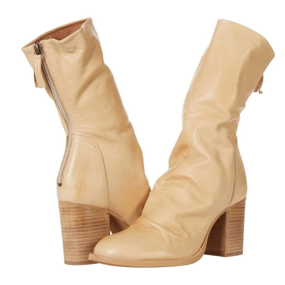 Free People Elle natural cane zip buttery spot leather block heels